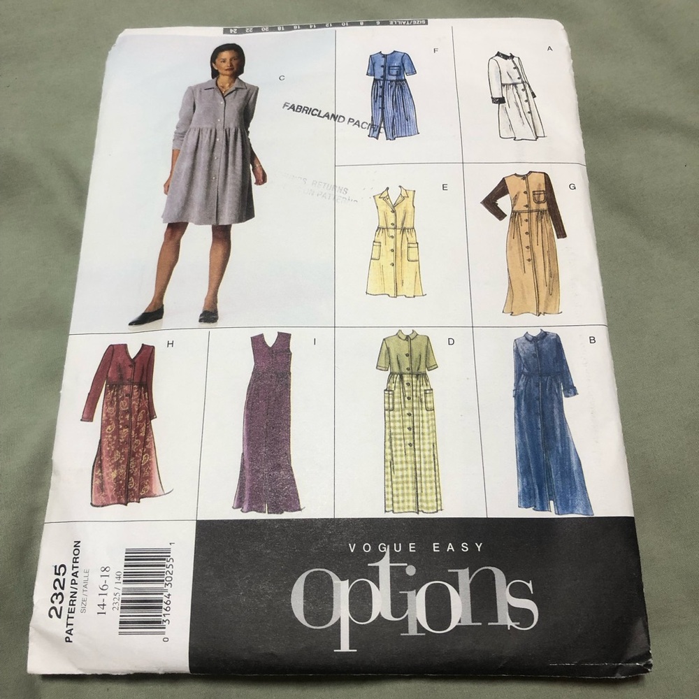 Vogue 2325 Easy Options Women's Dress Pattern sizes 14-16-18- multiple options